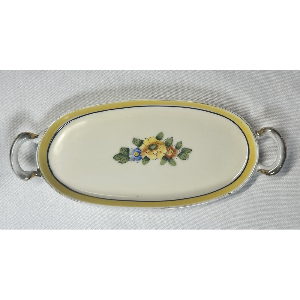Noritake Hand Painted Floral Oval Porcelain Dish Tray Handles Jewelry Japan